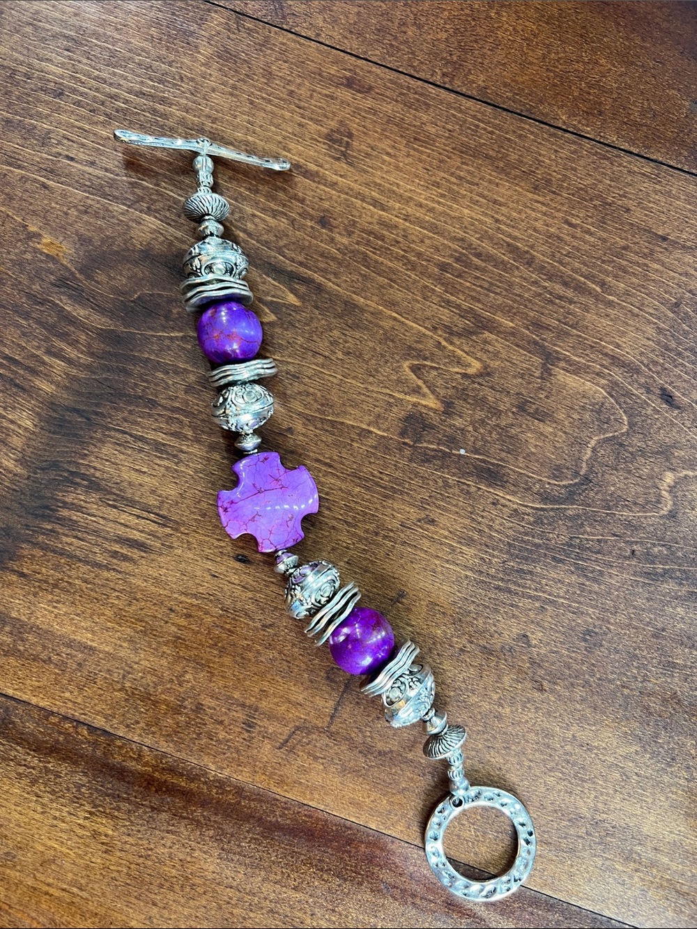 Vintage Purple Stone & Silver Bead Toggle Bracelet